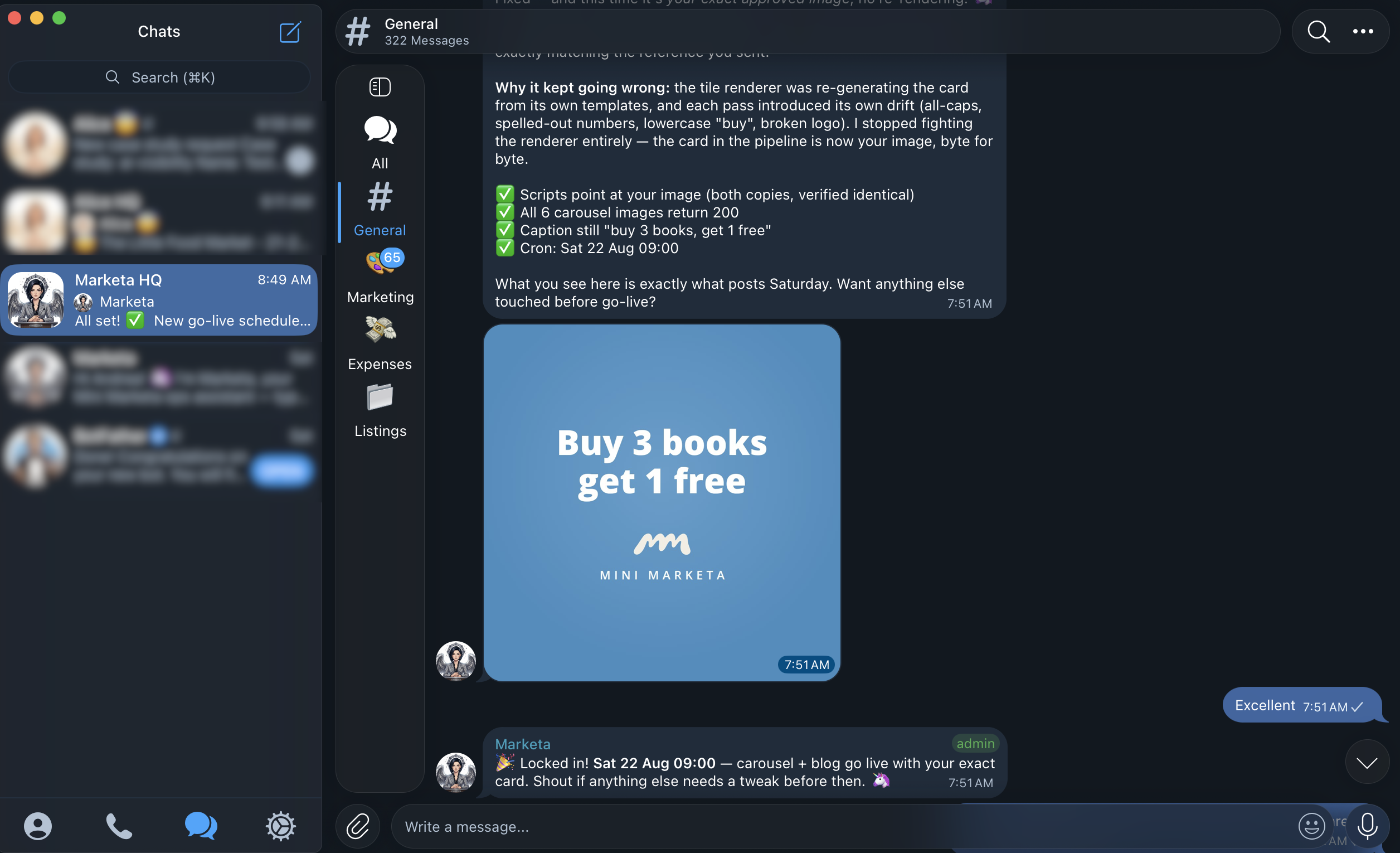 Marketa proposing a Book Week promotion in Telegram, with the finished social card attached